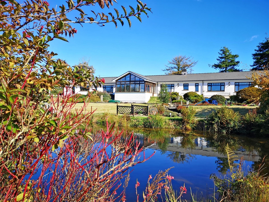 Ael y Bryn from across the pond; clear blue sky.
