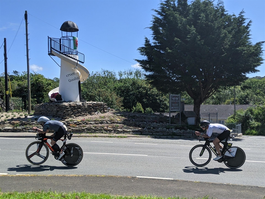 The landmark helter-skelter at the entrance to Ivybridge Guesthouse in Goodwick on the A487 to St David's city. Photo taken of cyclists during the ann