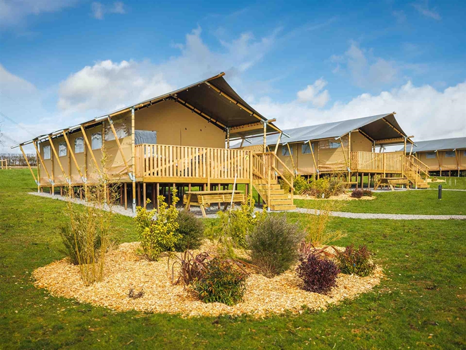 Giraffe-themed safari tent exterior