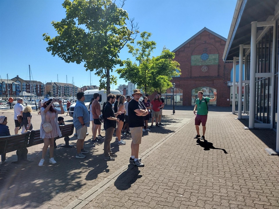 Swansea walking tour in Dylan Thomas Square, Swansea Marina