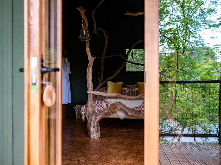 Glamping Accommodation in woods on the banks of the river Wye.  Safari Tent.  Hay-on-Wye