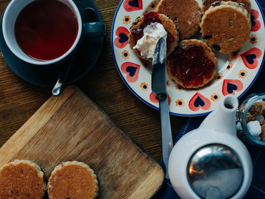 MamGu Welshcakes Afternoon Tea with jam and cream at MamGu Welshcakes St Davids Cafe, St Davids Cathedral, Pembrokeshire
