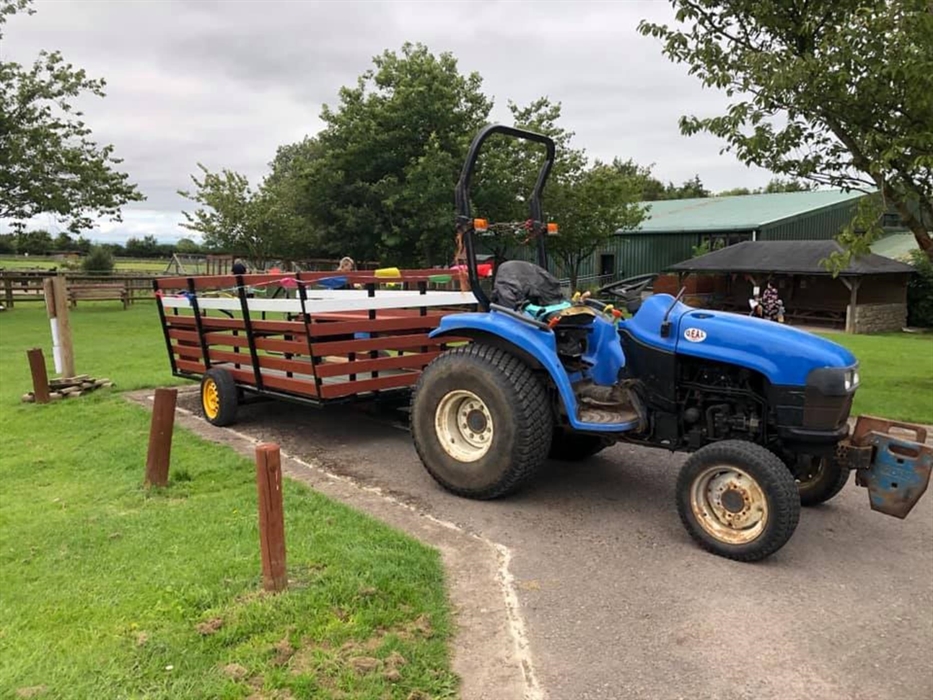 A brown trailer with brightly coloured bunting attached to a blue tractor.