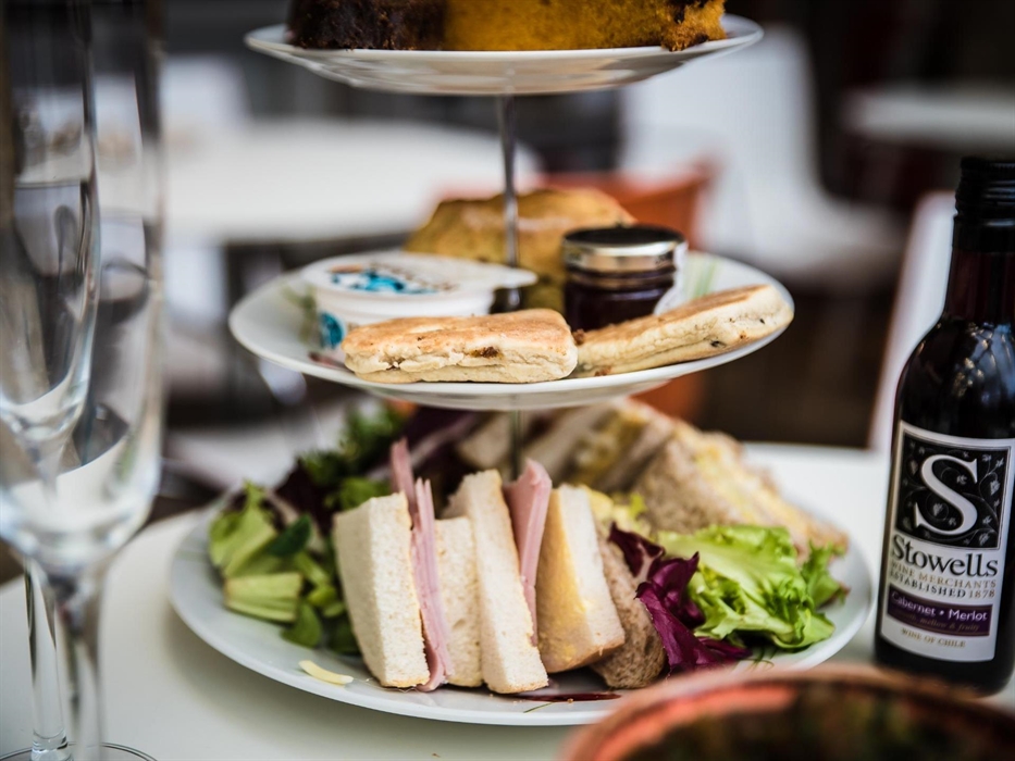 Sandwiches, scones and wine to share at Wrexham Museum's cafe.