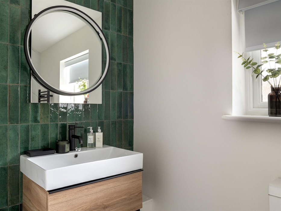 Emerald Green Stacked Tiles, Vanity Light up Mirror, Modern Basin.