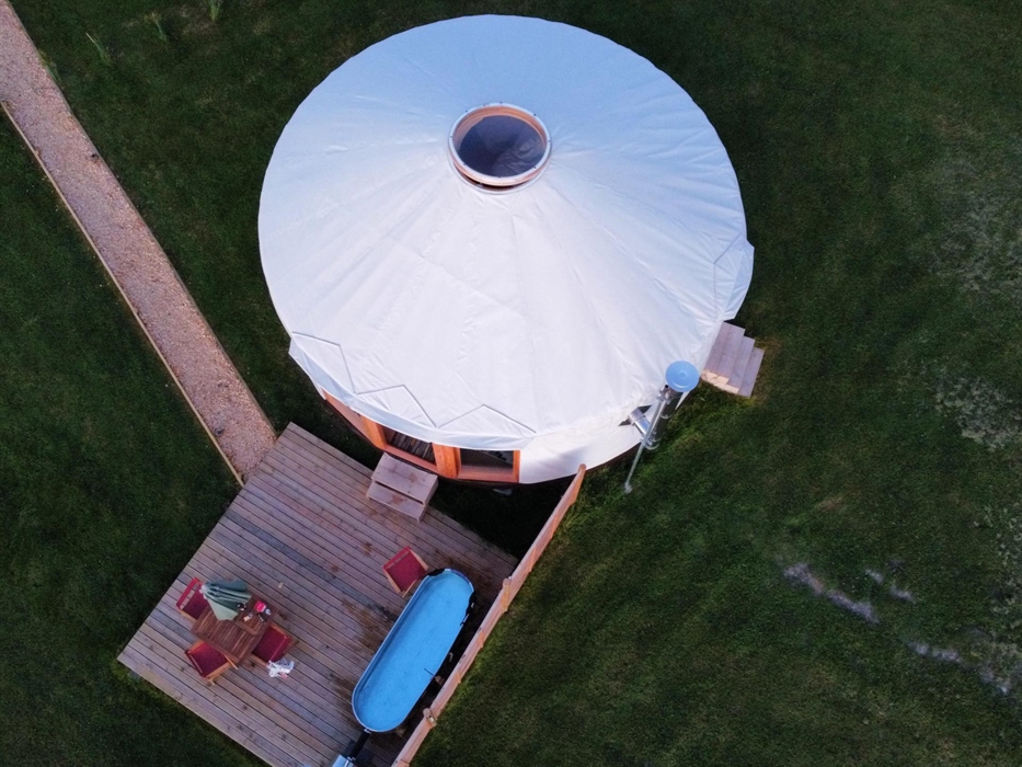 Stunning Luxury Yurt, with decking, wood fired Hippie Hot Tub, Tv, WIFI and your own bathroom and kitchen next to each yurt