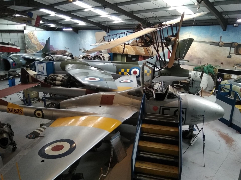 A small part of the museum, showing DH Vampire, Hawker Hunter, BAe Harrier