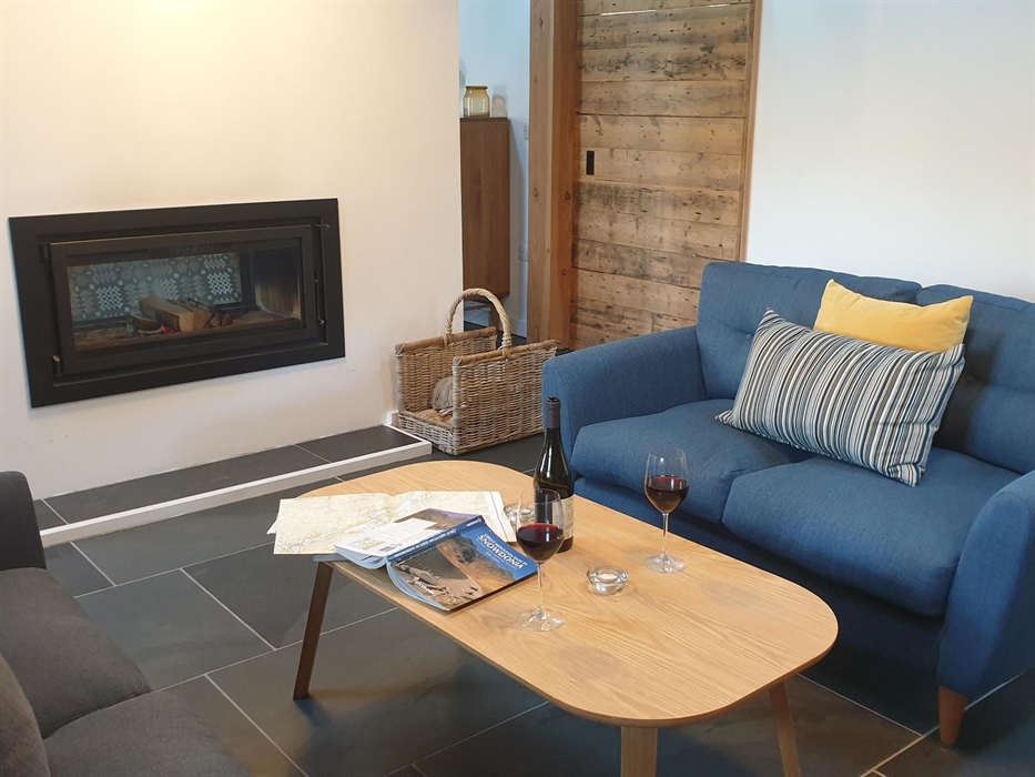 Two sofas facing each other over a coffee table with a double-sided fireplace in the background and a wooden plank door to the bathroom behind.