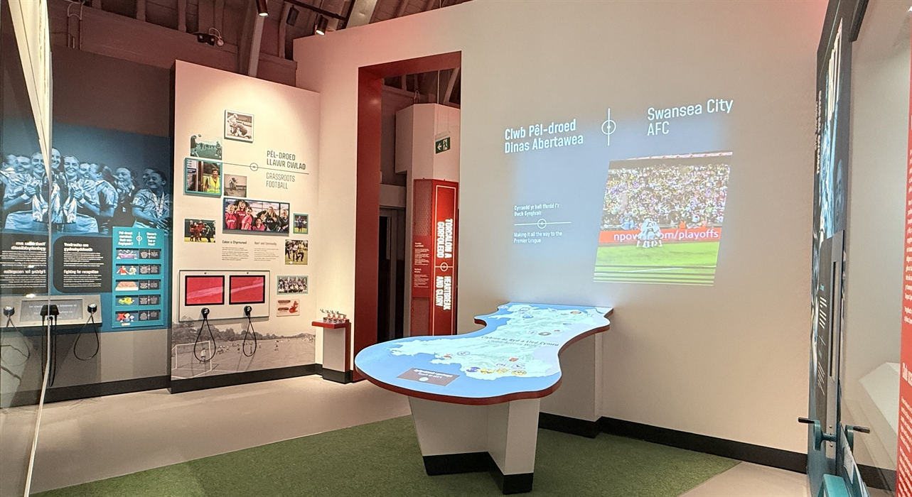 View into a white gallery with red trim, video projection onto a wall and table, photographs and text on the walls, glass display cases and a green tu