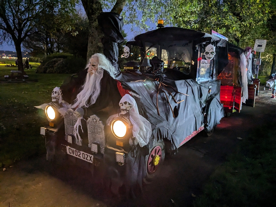 Swansea Bay Rider Land Train decorated as a ghost train for Halloween