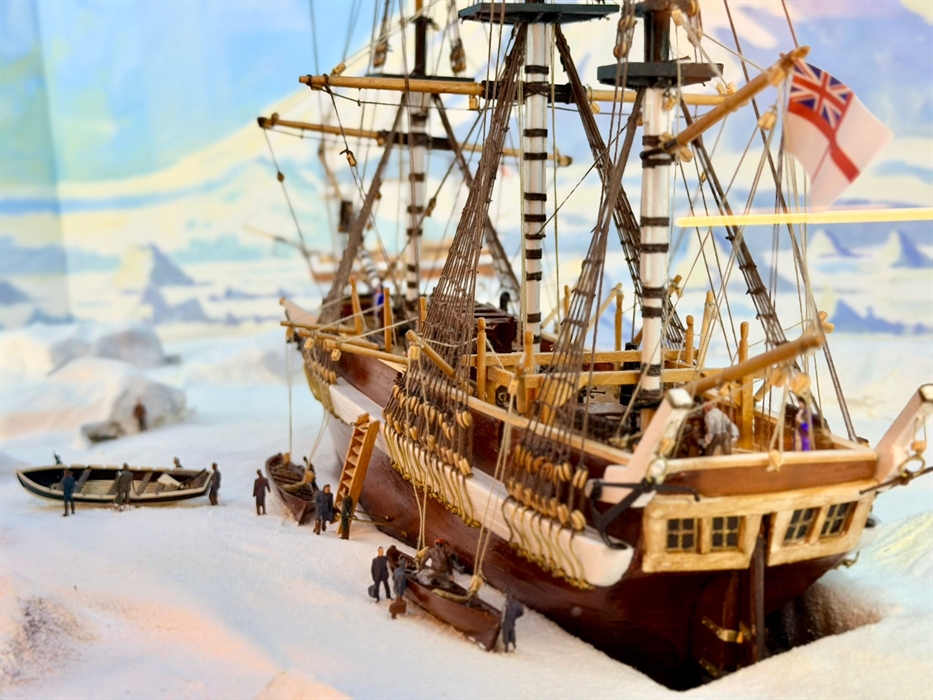 Diorama of HMS Erebus exploring the Antarctic, with the newly names Mt Erebus in the background