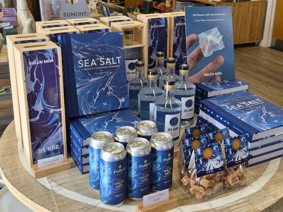A table of marbled Halen Môn products at the Halen Môn Saltcote shop