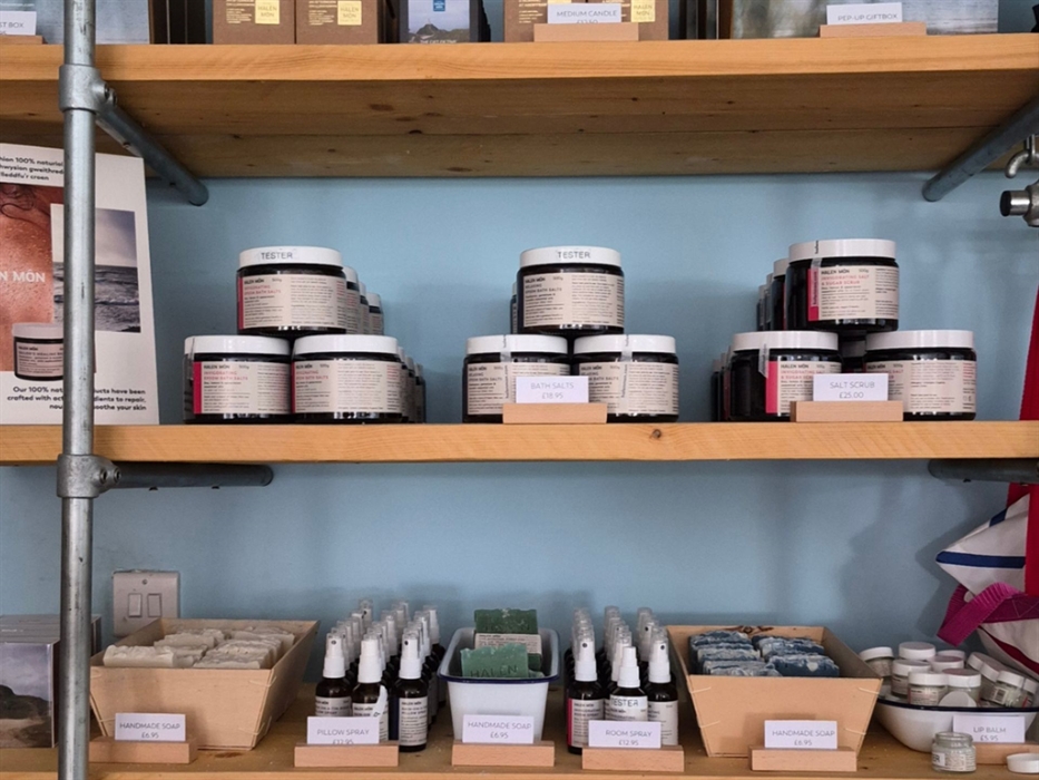 The shelves at Halen Môn's gift shop