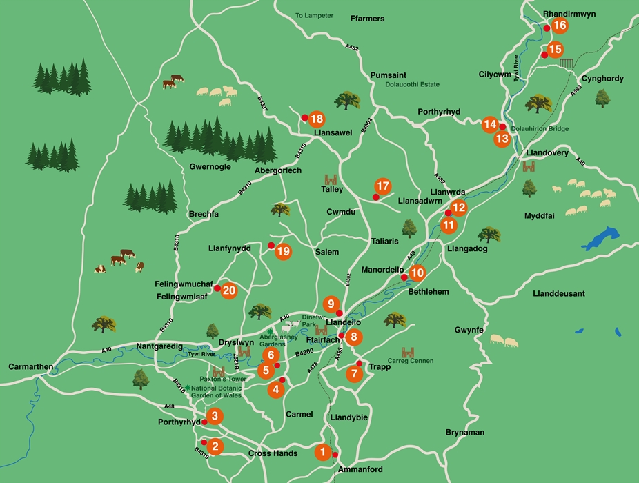 Map of all the artists' locations on the Llandeilo Arts Trail