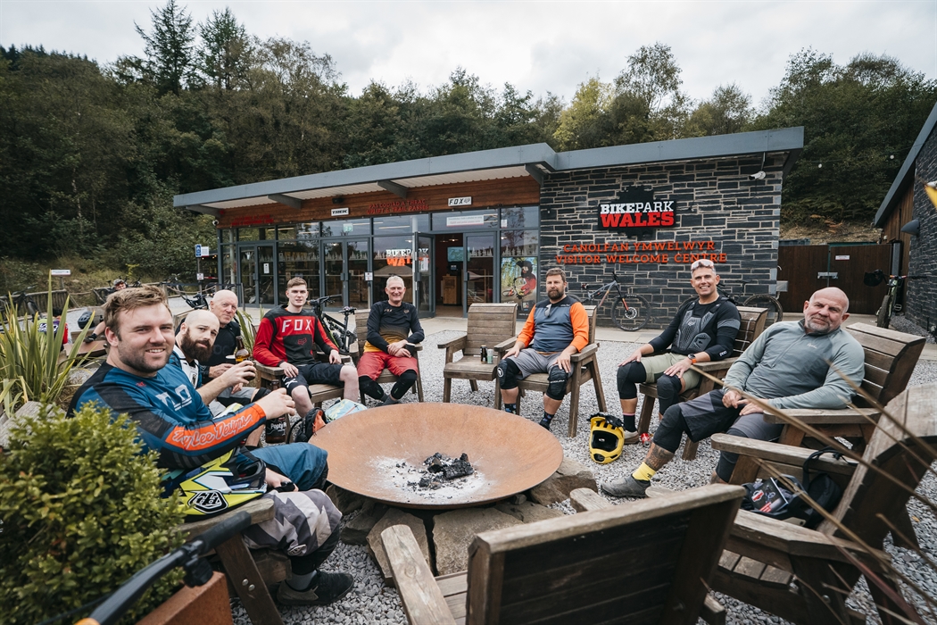 Group having a beer after riding