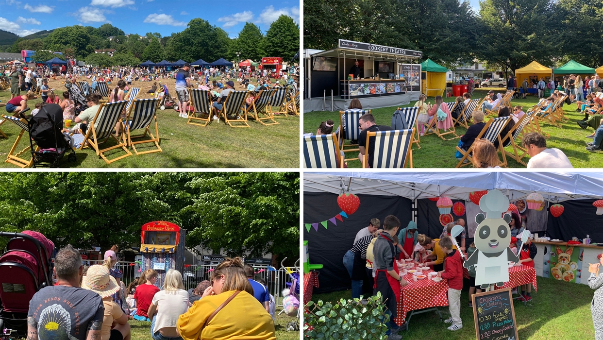 Four images from Risca events, showing the beach area, cookery theatre, Punch & Judy show and cookery class.