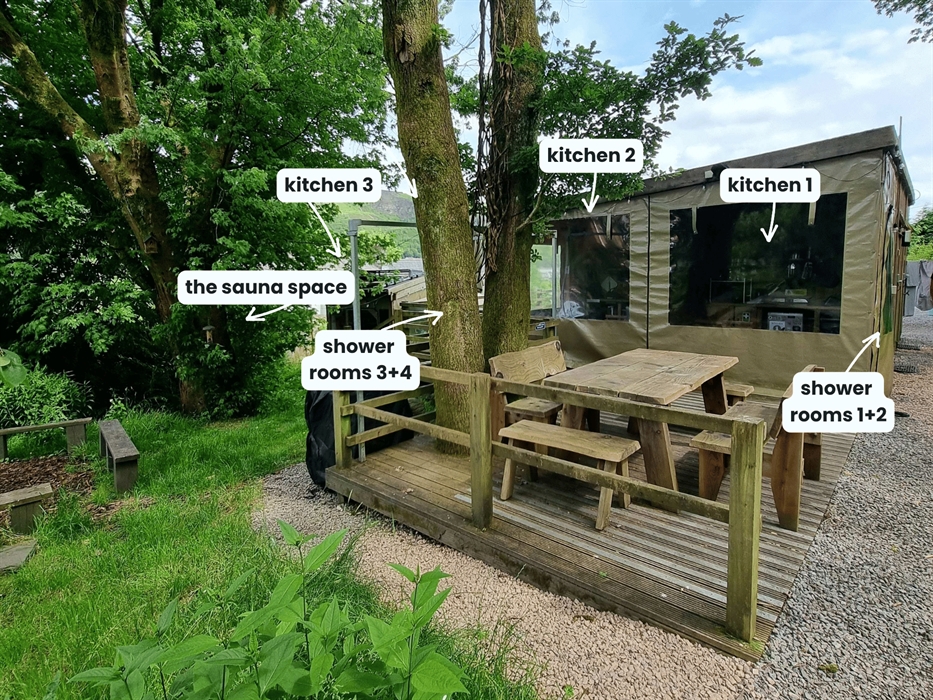 wooden picnic tables sit next to a tree and a kitchen area with big plastic windows