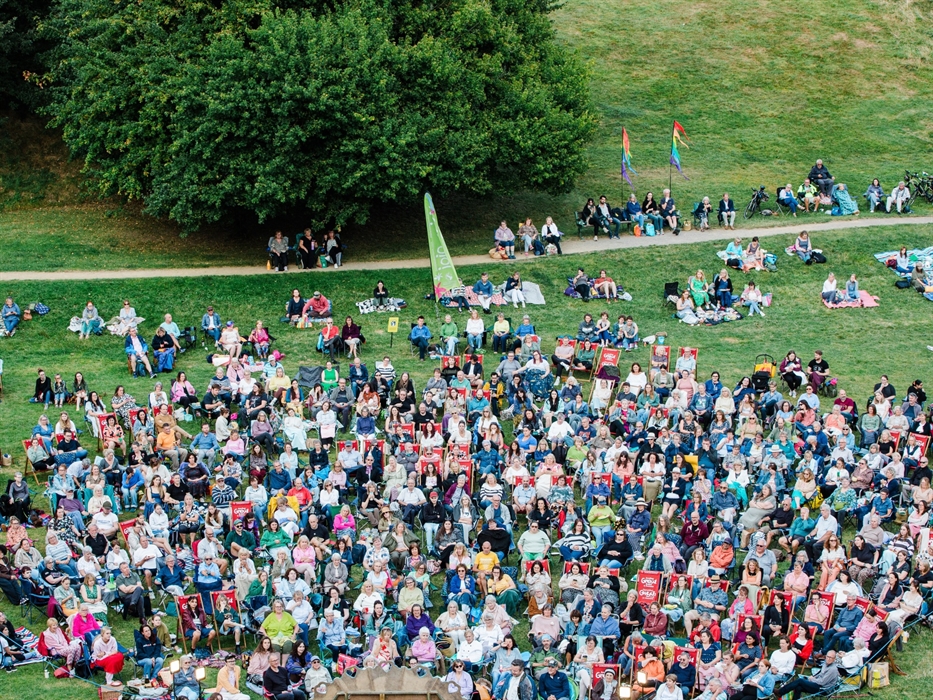 Crowds at Outdoor theatre at Oystermouth Castle