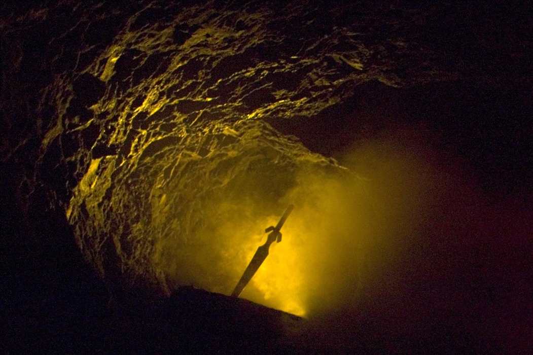 The sword in the stone at King Arthur's Labyrinth in Mid Wales.