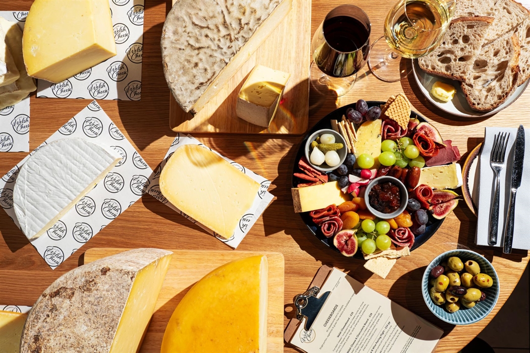 Overhead shot of Welsh cheeses and cheeseboard
