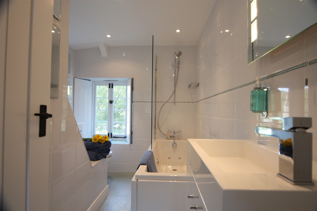 Tintern Abbey Cottage main bathroom with spa bath and shower