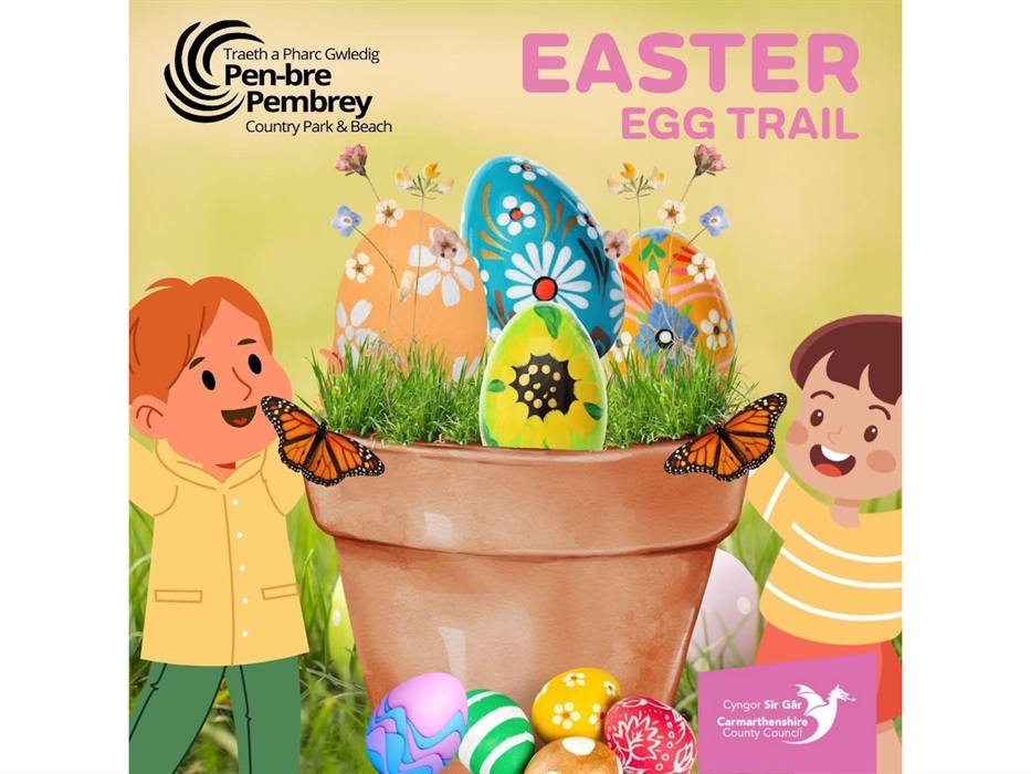 Poster showing colourful decorated Easter eggs in a flower pot with butterflies, flowers, and two illustrated children, promoting the 'Easter Egg Trai