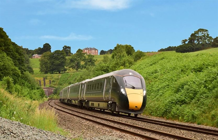 Train running through the countryside