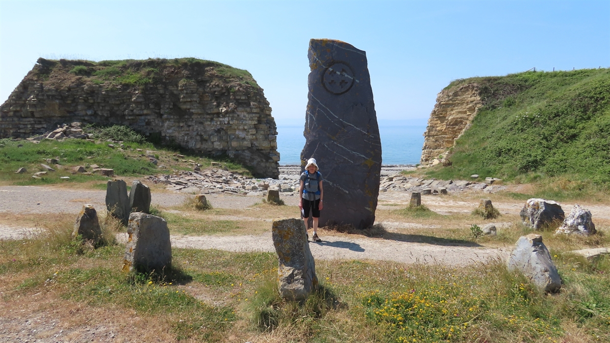 A tall, dark stone monolith with a circular symbol carved into its upper section stands in a field of grass and wildflowers, surrounded by smaller sta