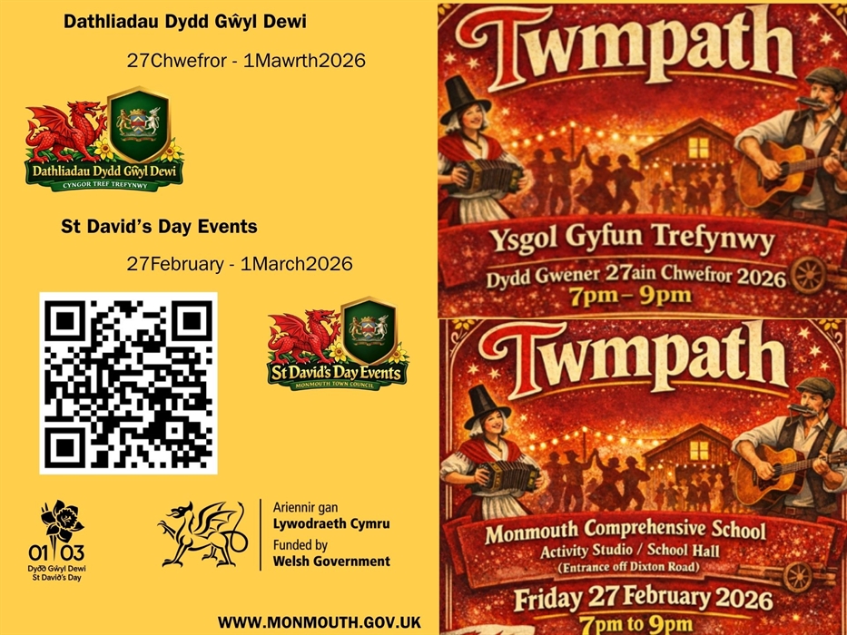 Poster for Twmpath Event 27th February 2026 Monmouth Comprehensive School, 7 pm- 9 pm, with QR code to book