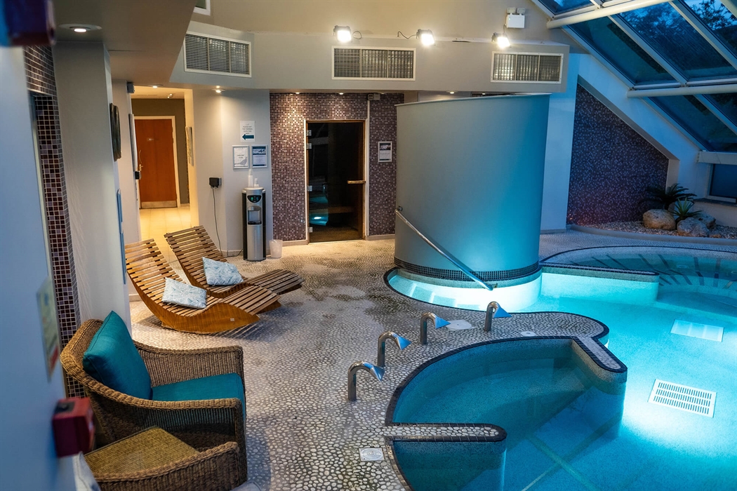 Spa interior at the Wild Pheasant Hotel & Spa in the evening.