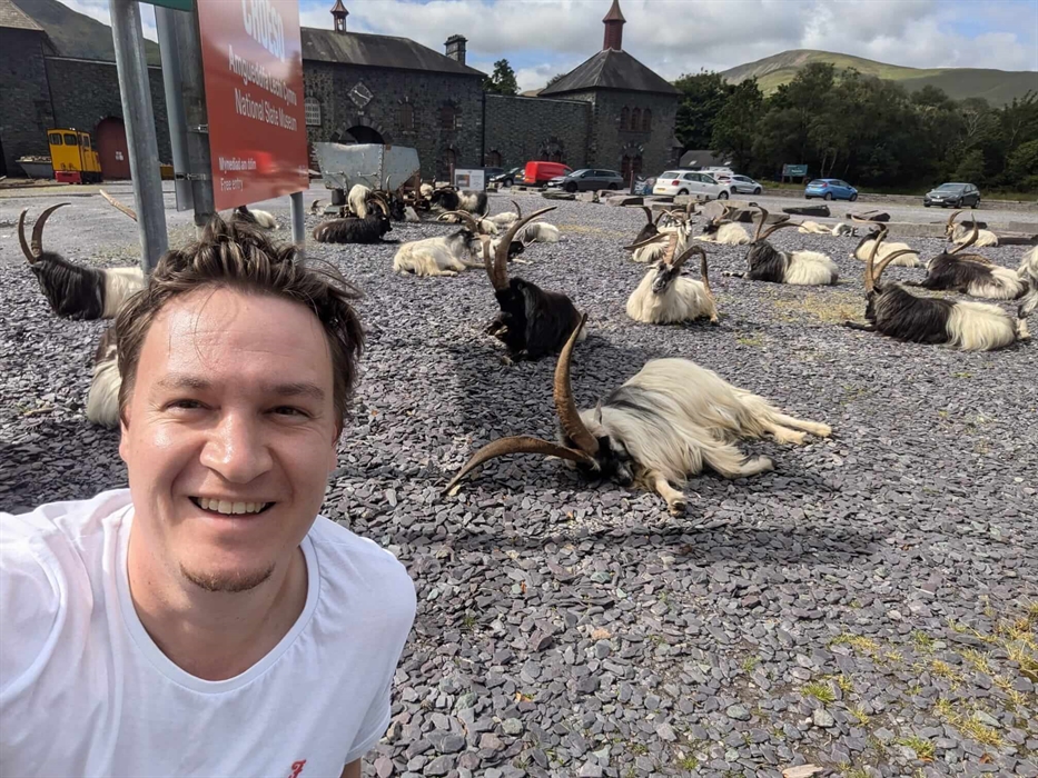 A person smiling outside a museum with lots of goats