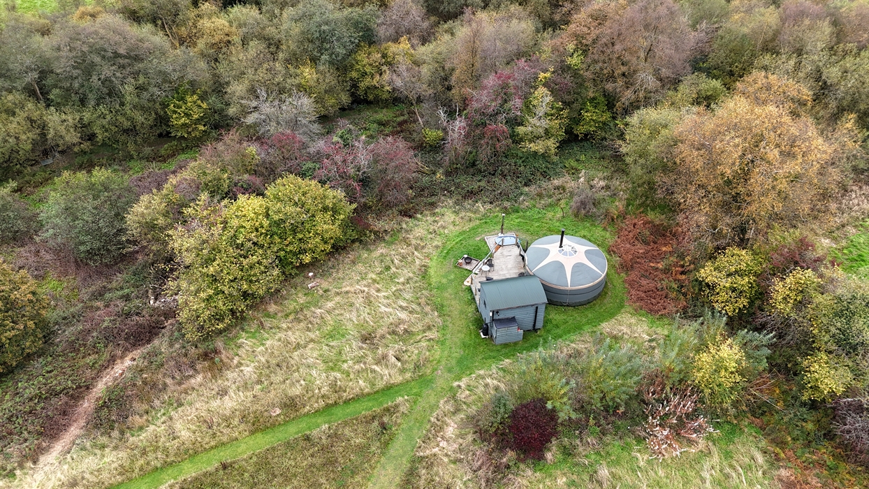 Bird's eye view of a green and beige yurt, with woodland and trees surrounding.