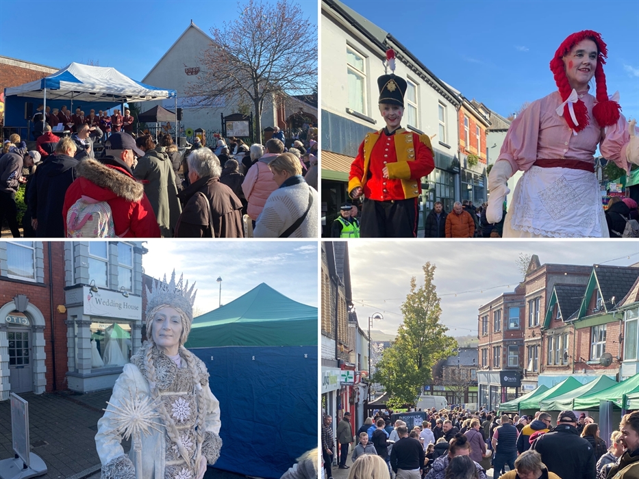 A collage of four images from Ystrad Mynach Christmas Market, featuring a live music performance, street theatre performers and the crowds in the town