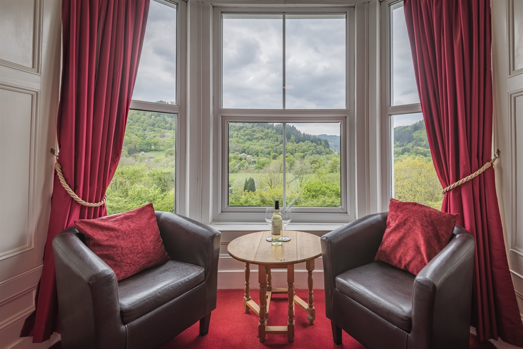 A cosy sitting area with two dark leather armchairs and red cushions positioned beside a small round wooden table holding a bottle of white wine and t