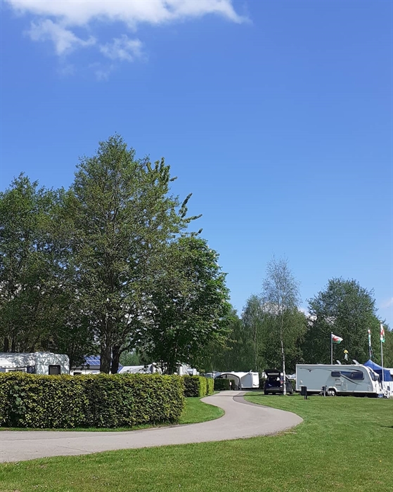Pont kemys caravan park with caravans surrounded by trees and hedges under blue skies.