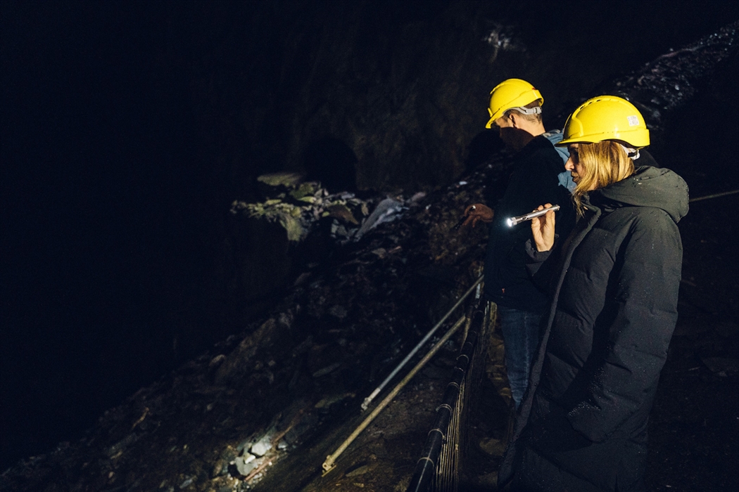 Looking down into a lower level of the old Welsh slate mine with Corris Mine Explorers