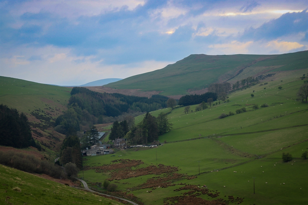 The Maengwynedd Valley: sheep filled fields and a meandering river surrounded by green hills.