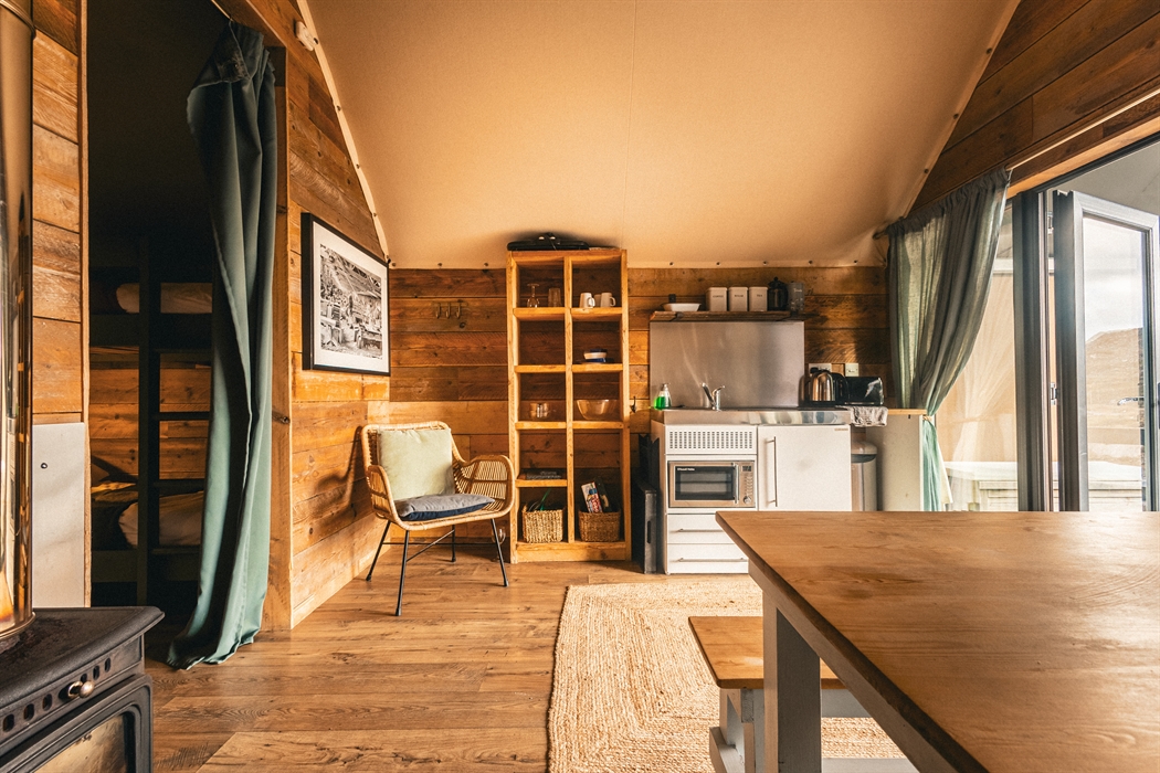 interior of llechwedd glamping tent kitchenette
