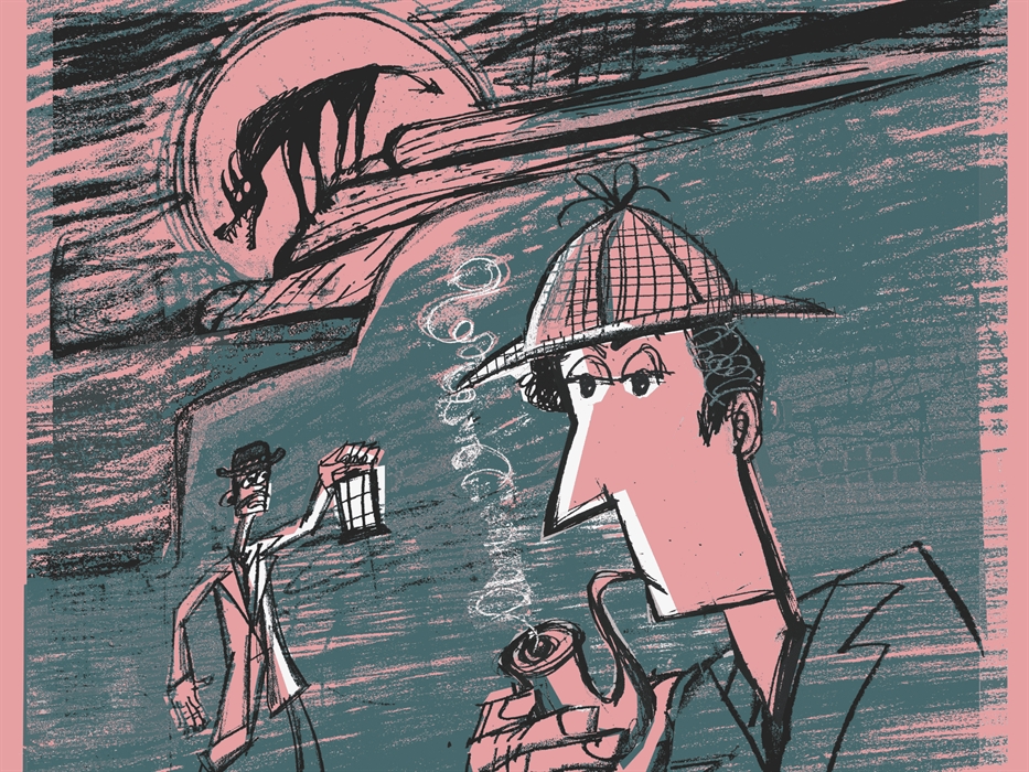 Illustration of a detective in a deerstalker hat and a trench coat smoking a pipe, with a silhouette of a menacing dog-like creature in the background