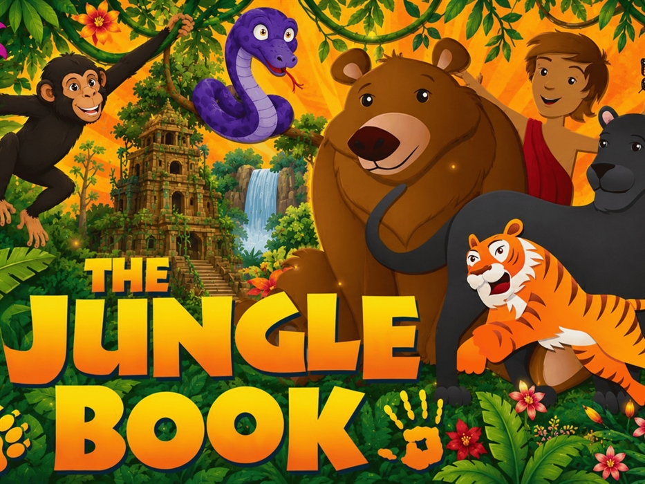Cartoon illustration for "The Jungle Book" featuring a boy, a bear, a panther, a tiger, a monkey, and a snake in a lush jungle setting with ancient ru